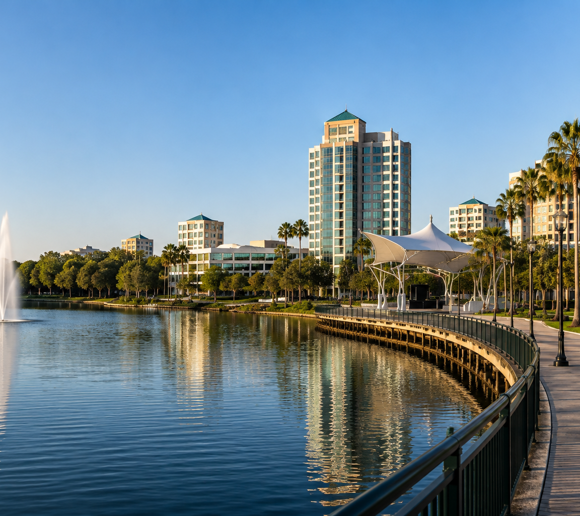 Lake with a fountain jet, a curved waterfront boardwalk, palms and mid-rise buildings under clear sky