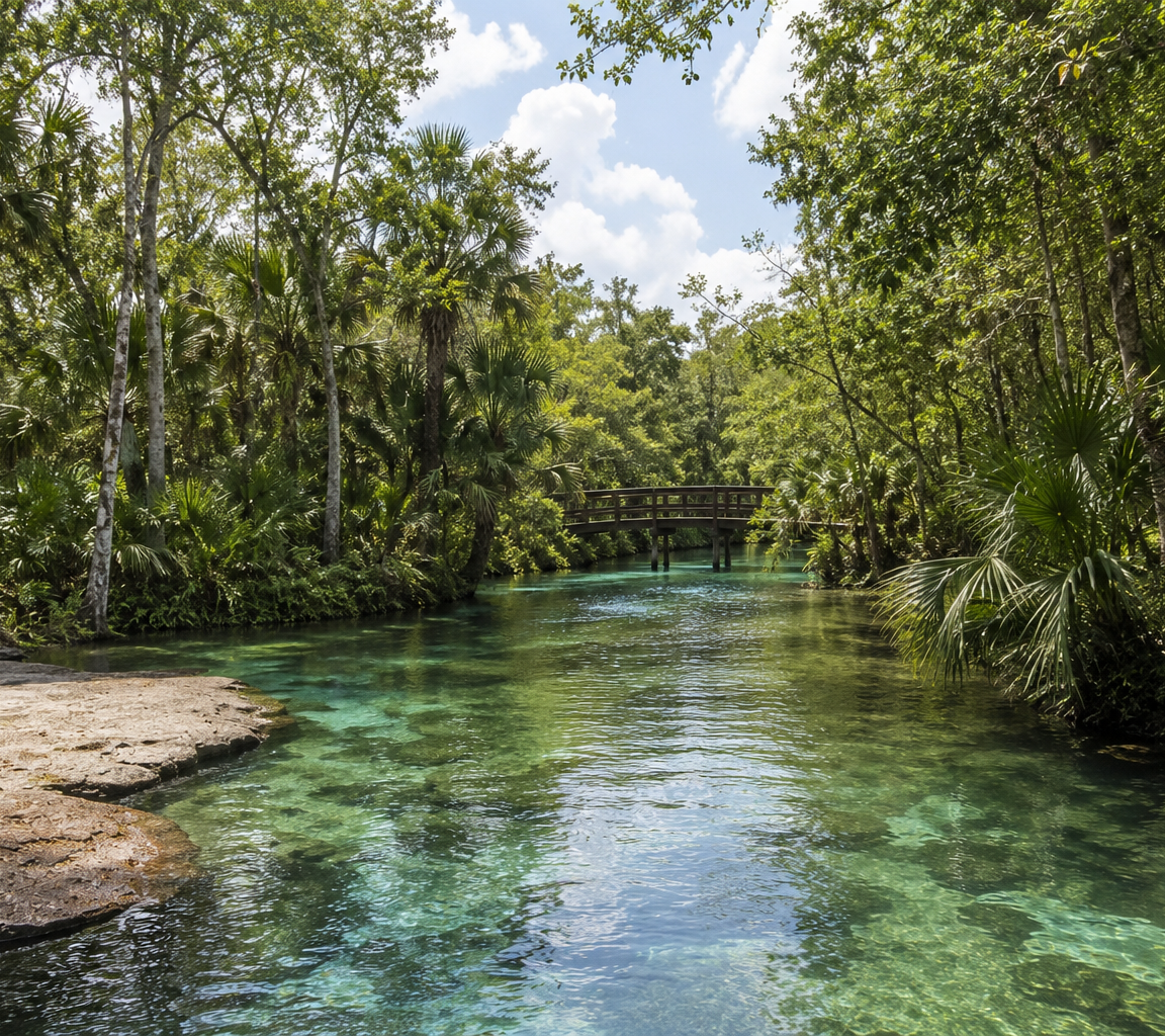 Spring-fed run with clear turquoise water, a wooden footbridge and dense palm and hardwood forest along both banks