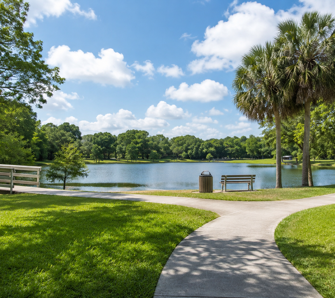 Neighbourhood green with a paved path curving past a bench, mature oaks, palms and open lawn beside water