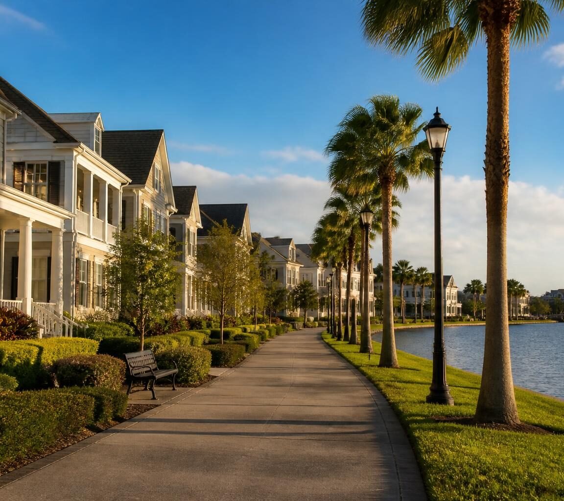 Waterfront sidewalk lined with palms and lamp posts, passing two-storey homes with white porches