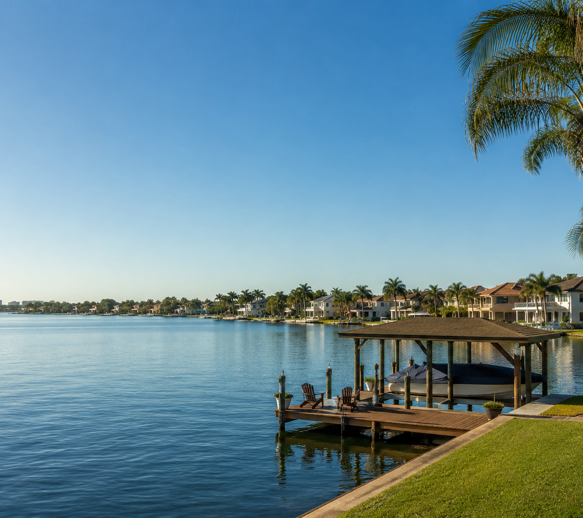 Open water with a covered boat dock in the foreground, waterfront homes and tall palms along the far shore