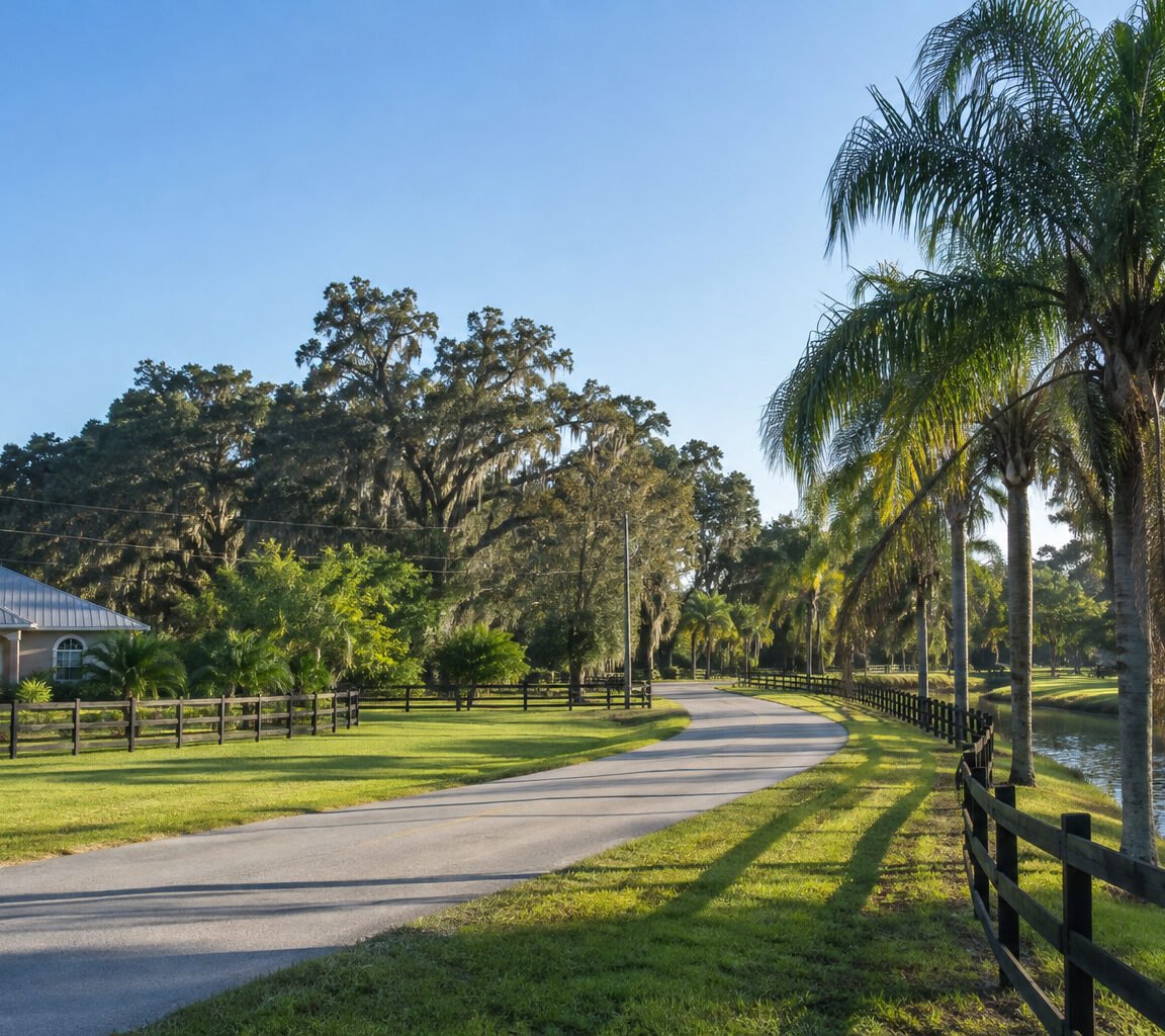 Paved lane curving between post-and-rail fencing, with royal palms beside a canal and live oaks behind