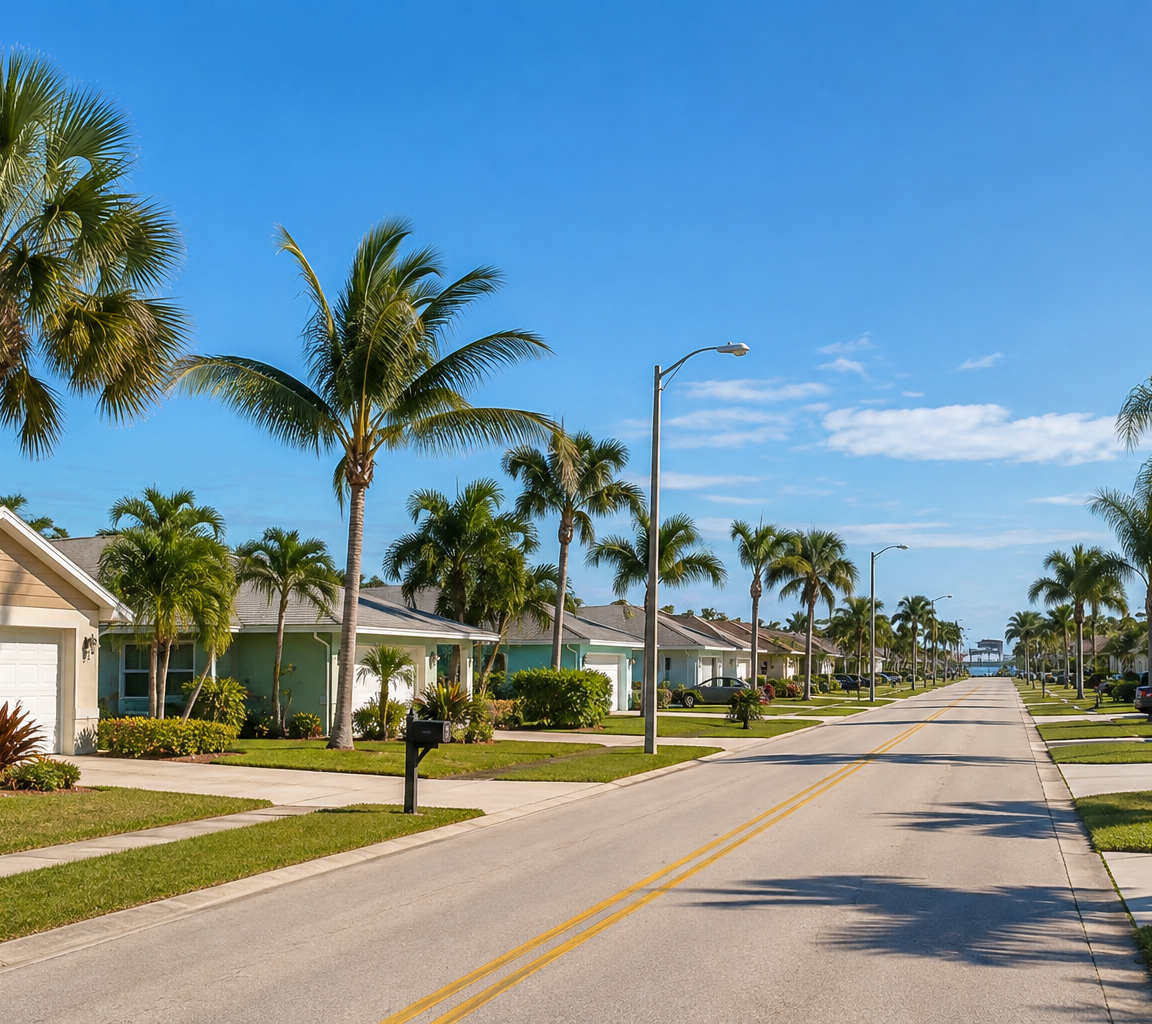 Residential street lined with palms, with one-storey houses and attached garages set back behind lawns