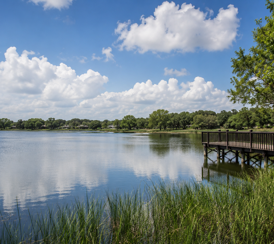Calm water with a wooden pier extending from a grassy bank, reeds in the foreground and a wooded far shore