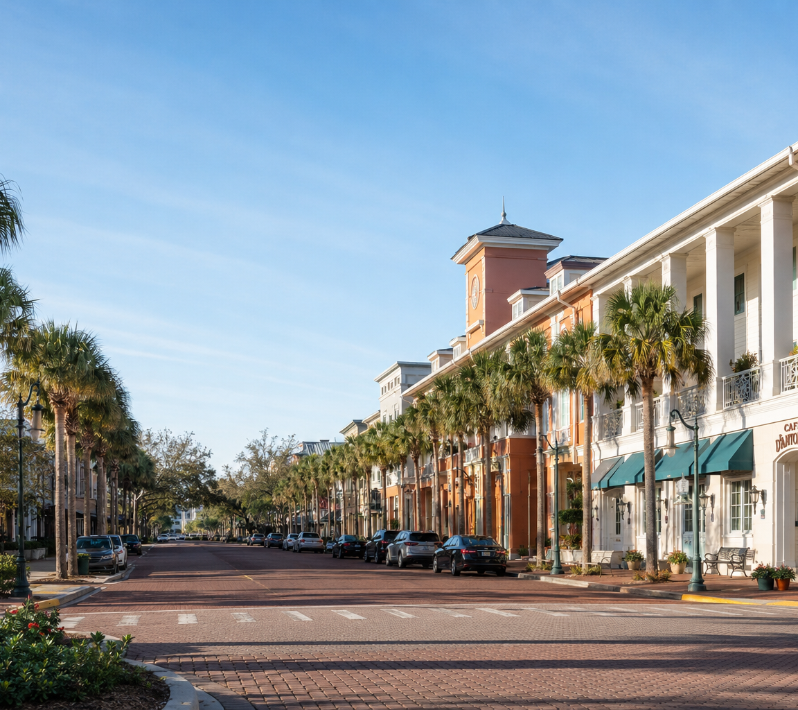 Street of colonnaded low-rise buildings with awnings and cafe frontage, lined with palms