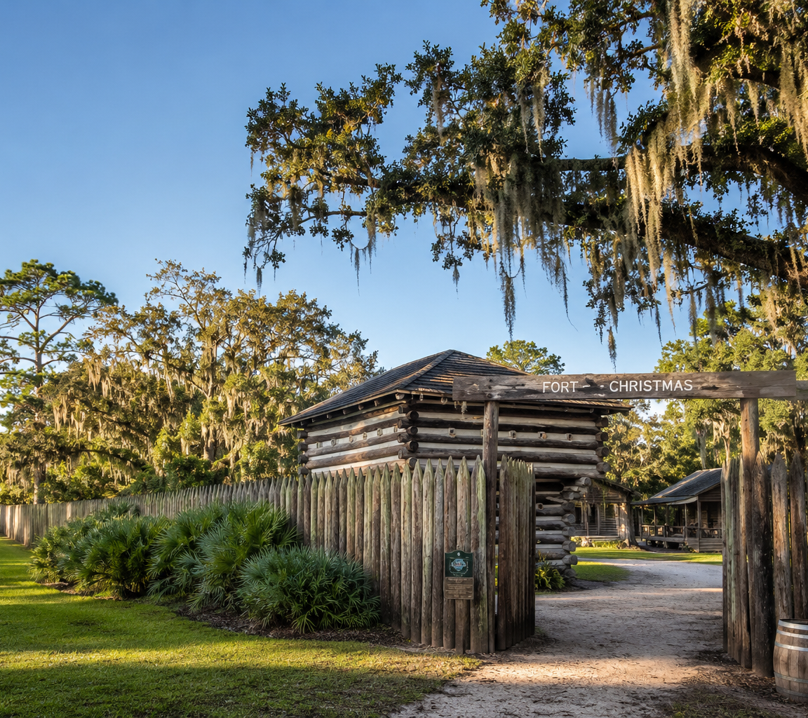 Log stockade fort with a timber gateway and split-rail fencing, set among oaks and palmetto