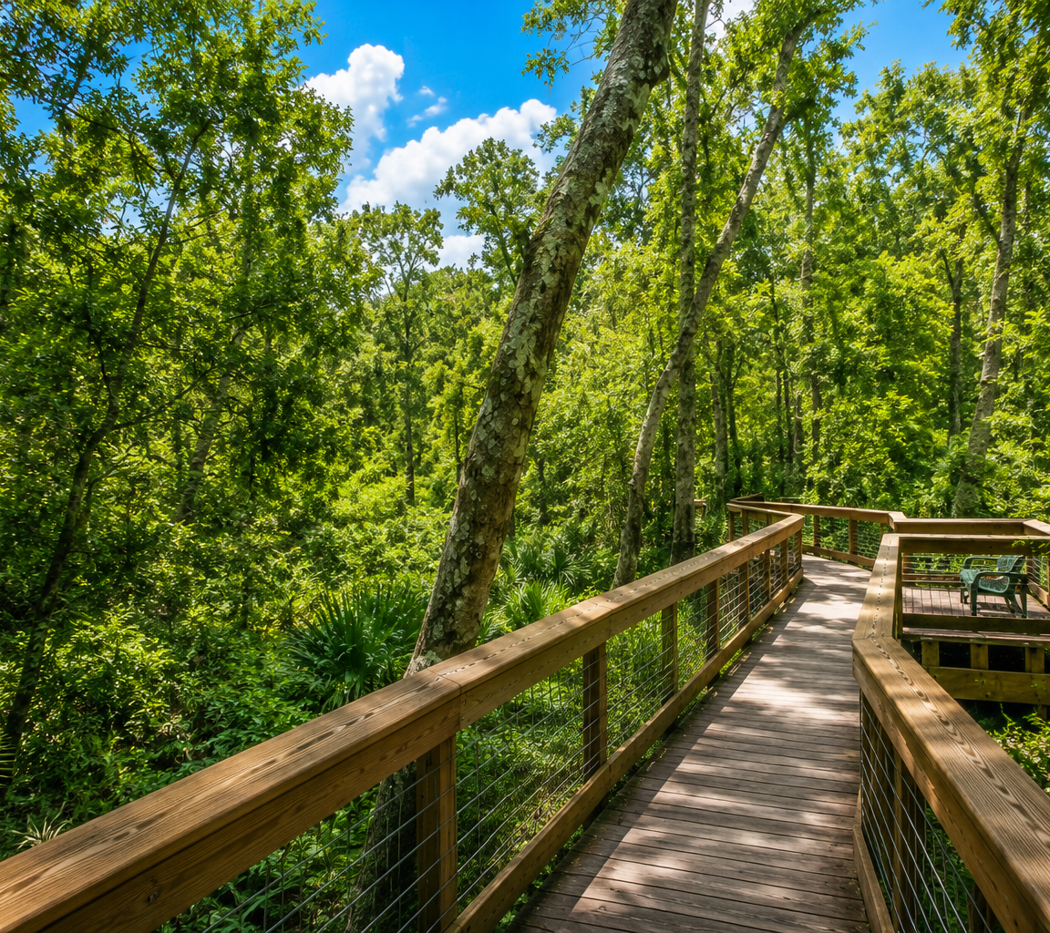 Raised wooden boardwalk with an observation deck winding through dense green woodland