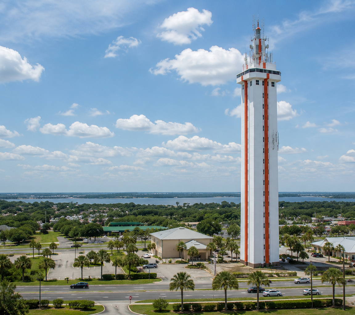 Tall striped observation tower rising above low-rise buildings and tree cover, with water on the horizon