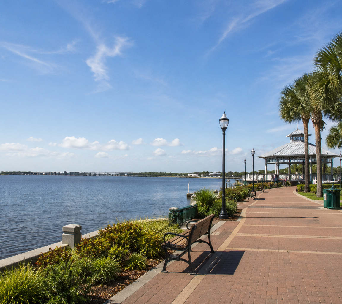 Brick waterfront promenade with benches and lamp posts, palms and a pavilion beside open water