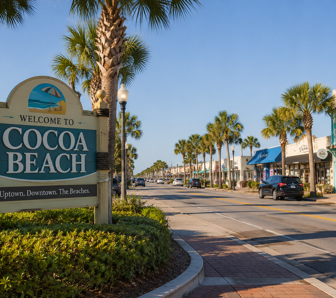 Palm-lined main street with a monument welcome sign, two-storey storefronts and a brick sidewalk