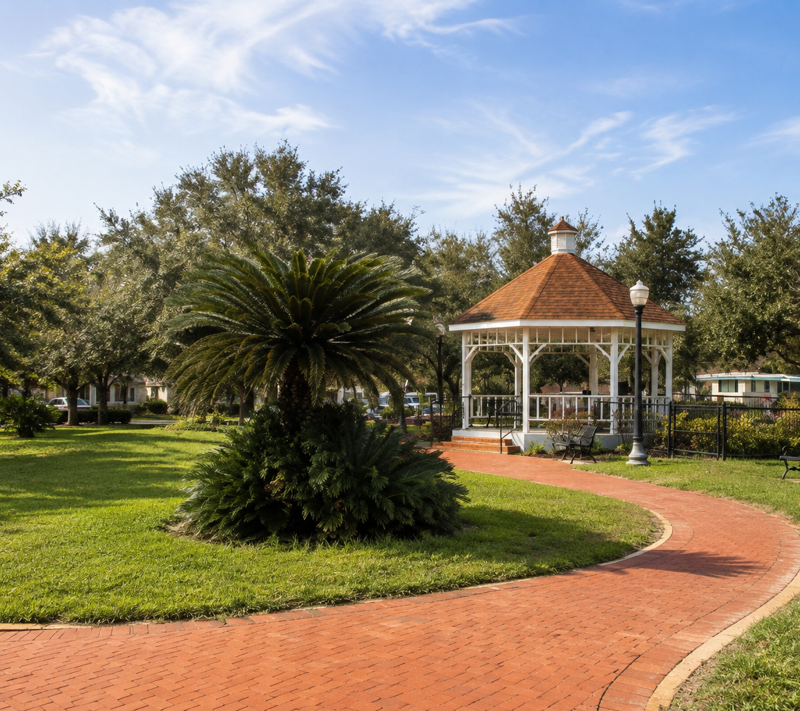 White gazebo on a lawn with a curving brick path, palm and shade trees around it