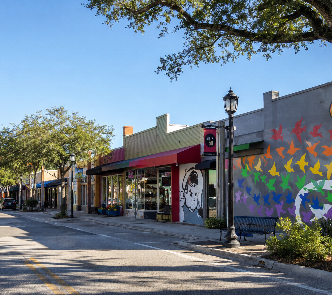Row of low storefronts with a colourful bird mural, street lamps and a large shade tree overhanging the kerb