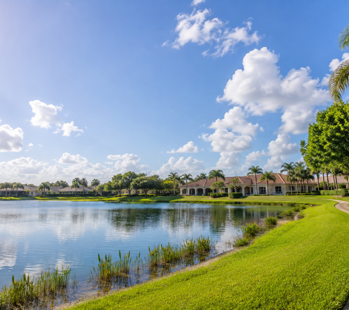 Retention pond edged by a curving footpath and mown grass, with single-storey homes and palms beyond