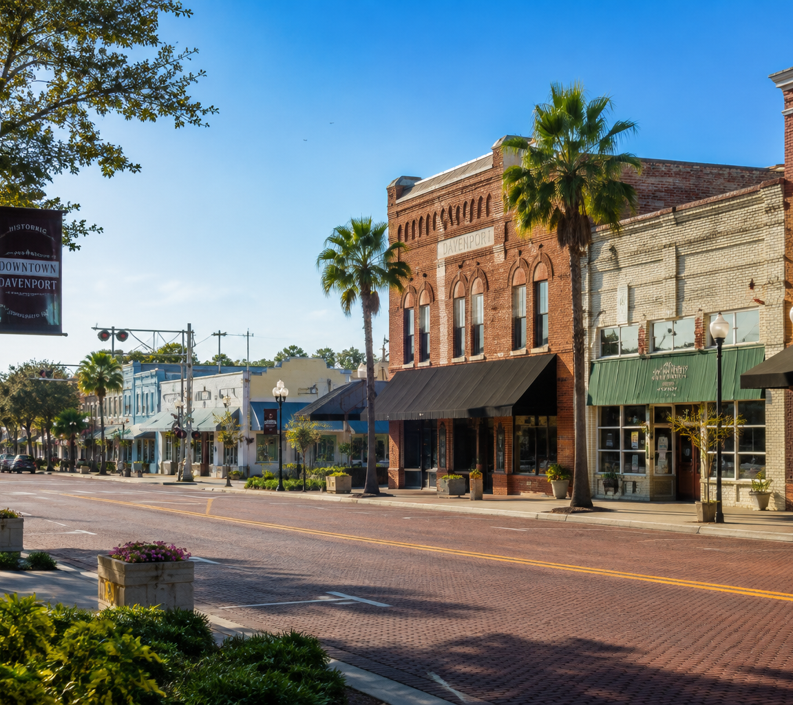 Historic brick and stucco main street with awnings, banner poles and angled parking