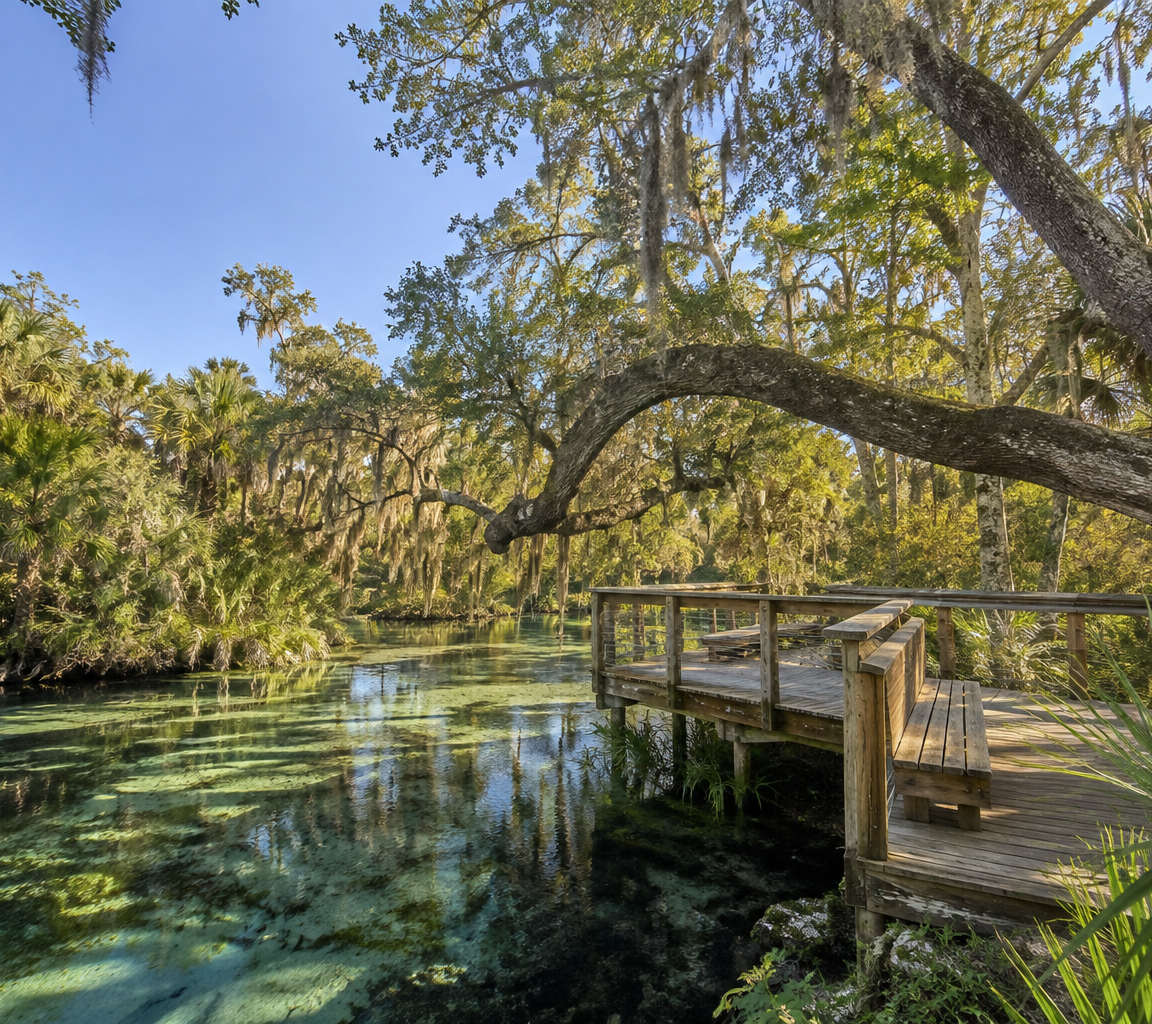 Clear spring pool under a spreading oak limb, with a small wooden dock and palmetto along the bank