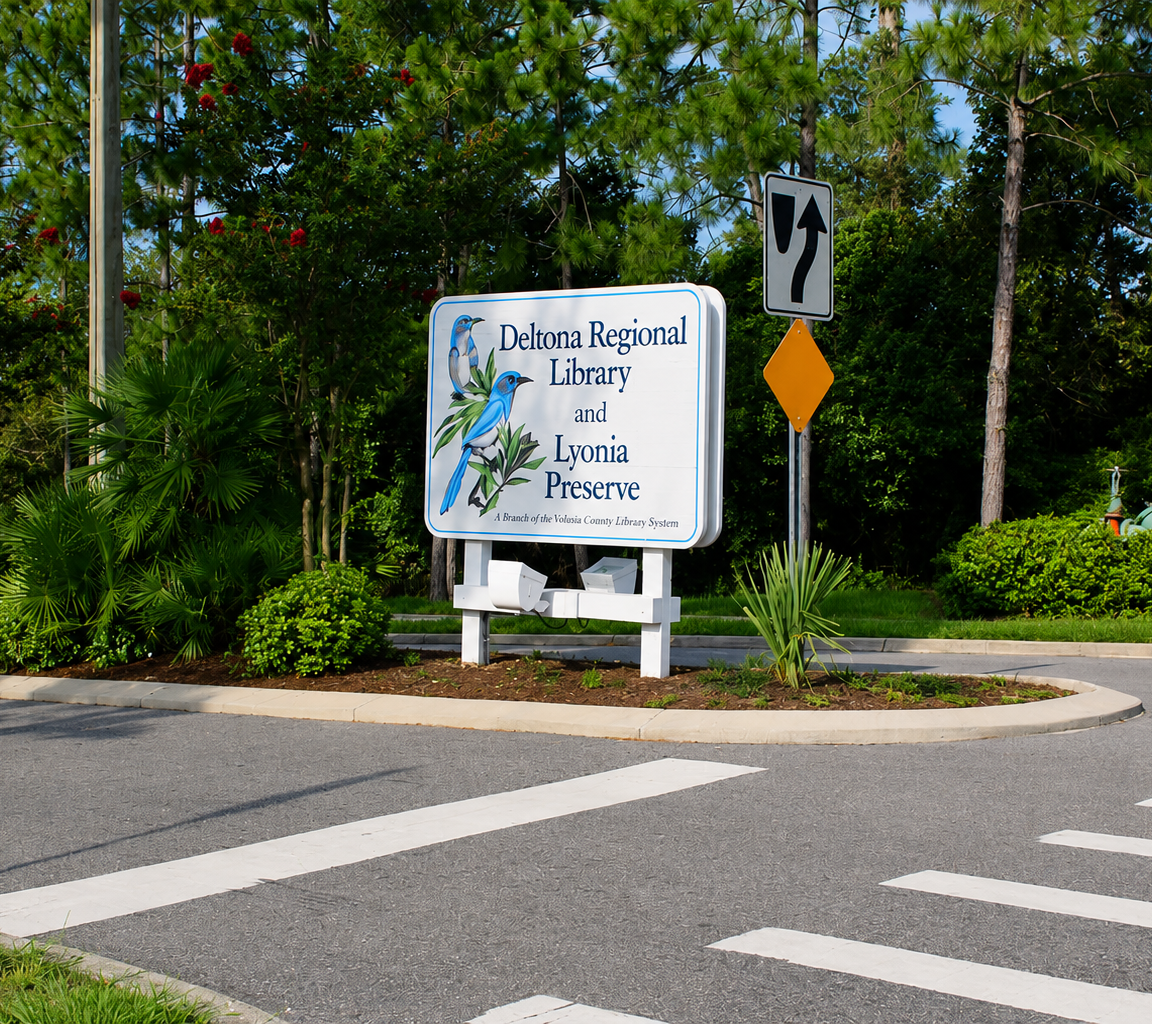 Landscaped street corner with a painted crosswalk, directional signage and low shrub planting