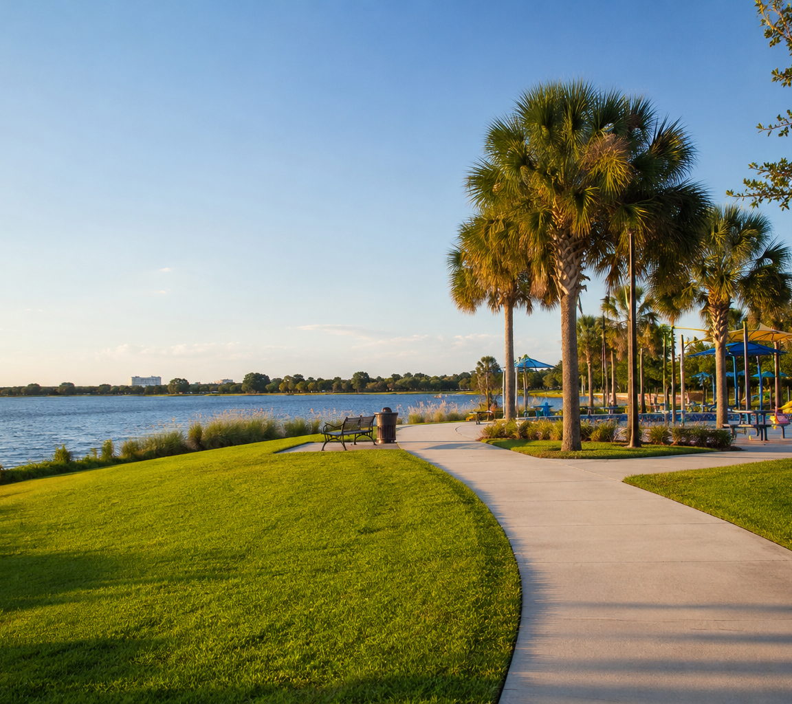 Open lawn beside water with a curving footpath, tall palms and a shaded playground beyond
