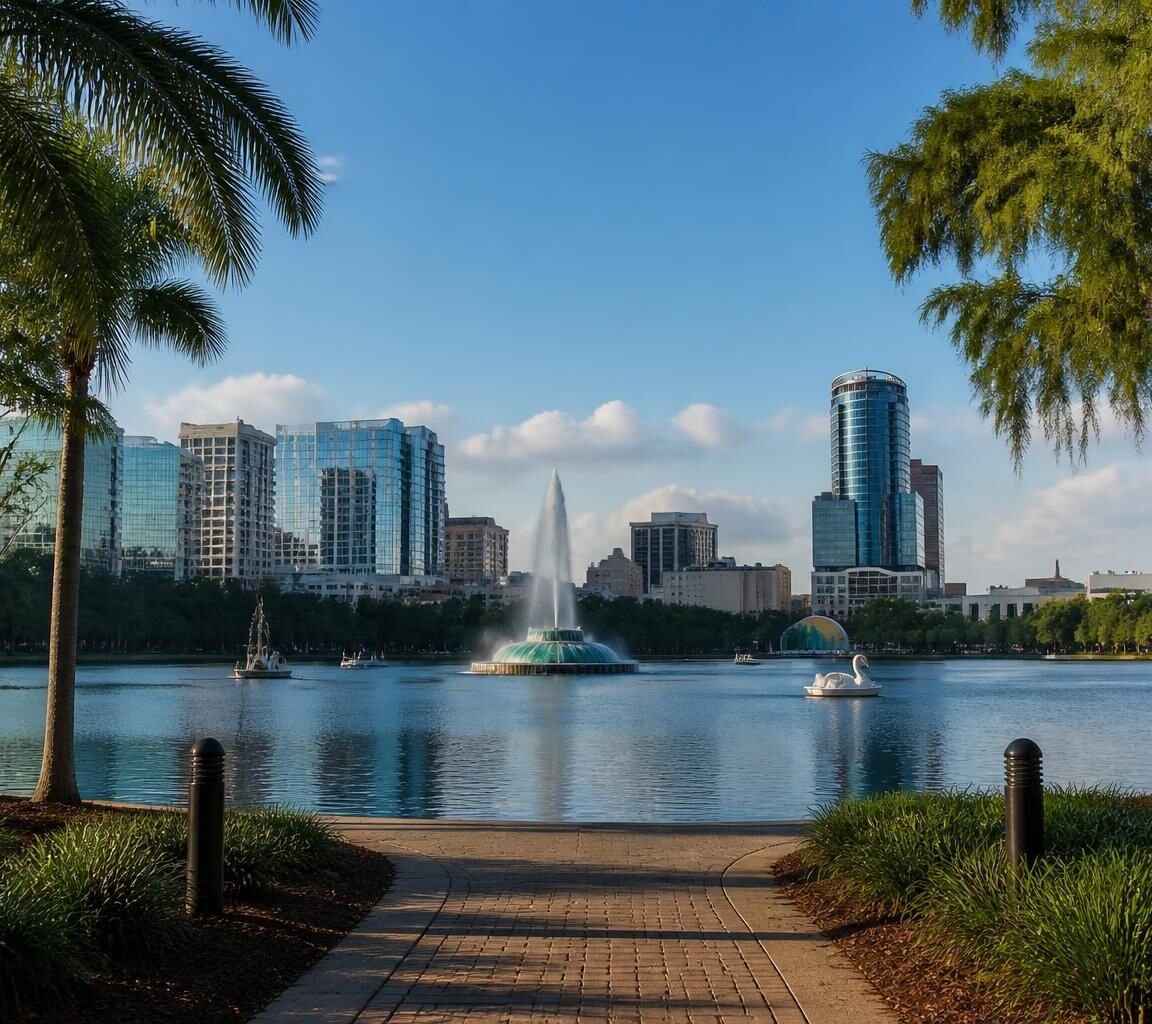 City skyline seen across water with a central fountain, framed by palms and a paved walkway