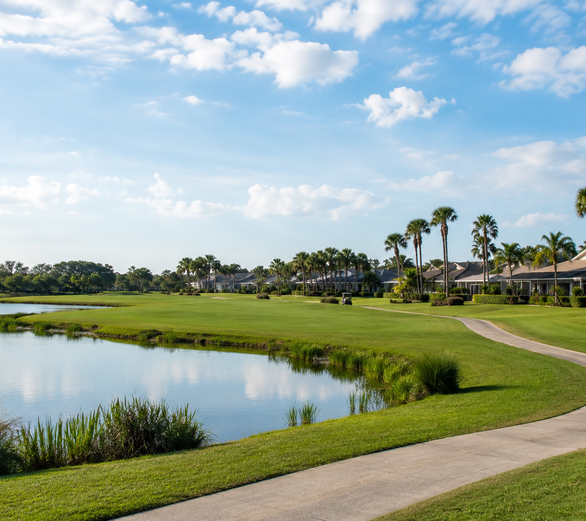 Golf fairway curving beside still water, with a cart path, palms and rooftops in the distance