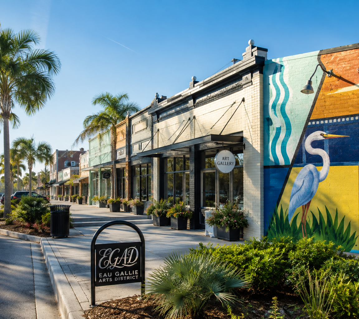 Arts-district storefronts with awnings and a painted wall mural of a wading bird, palms along the sidewalk