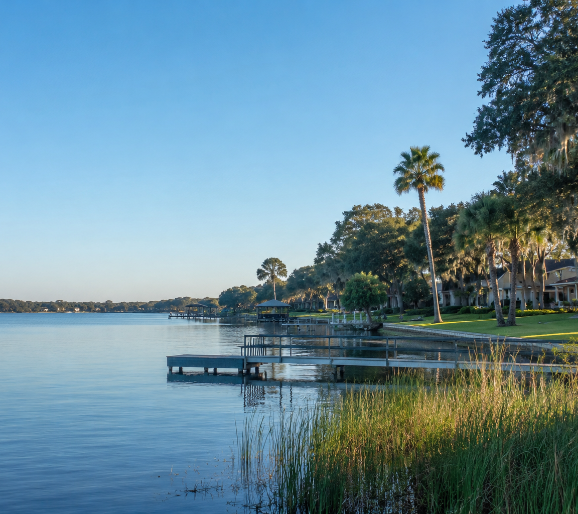 Wooden dock reaching into broad water, with reeds in the foreground and tree-shaded homes along the bank