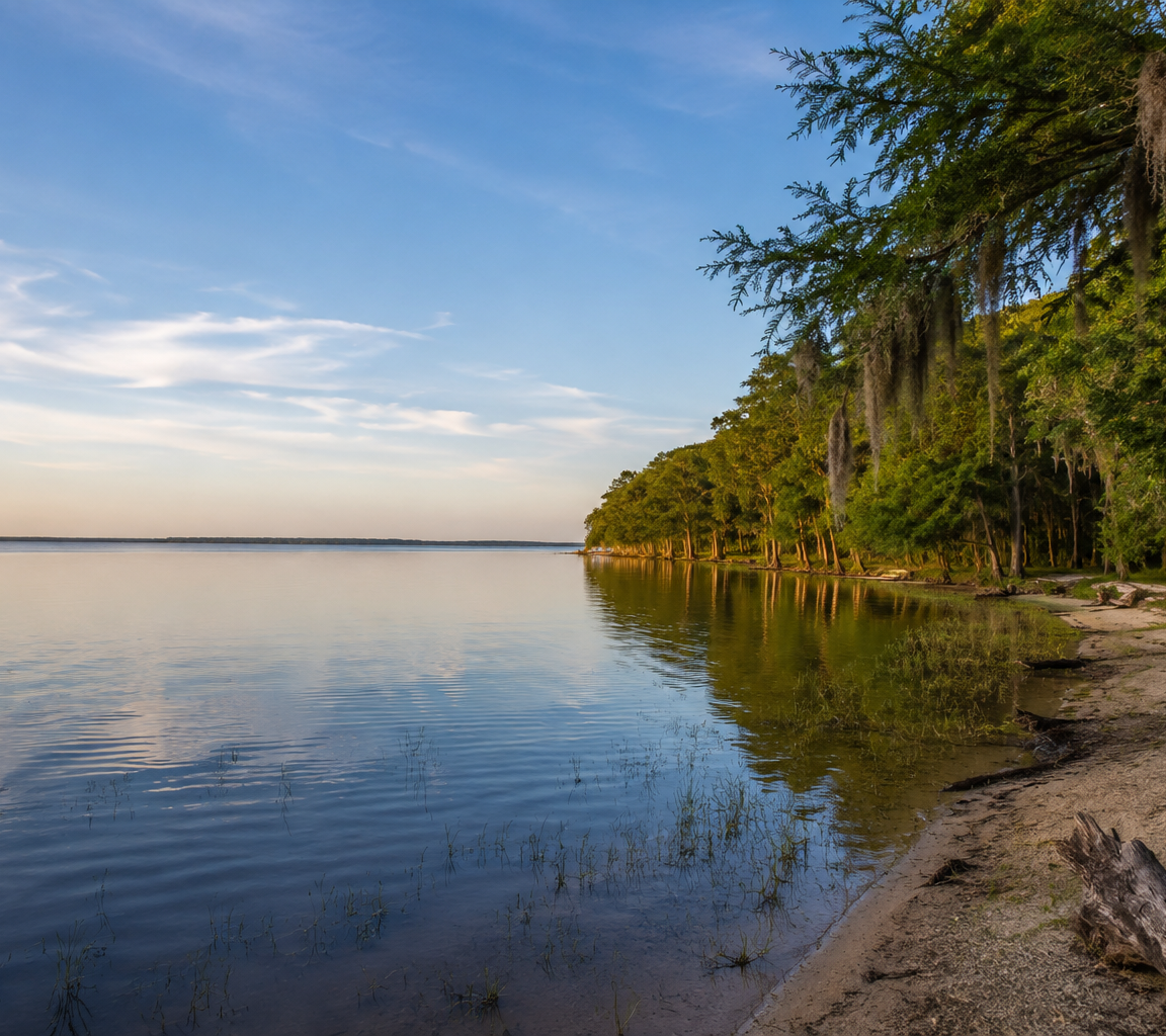 Wide calm water meeting a wooded shoreline, with driftwood on a narrow sand bank under soft light