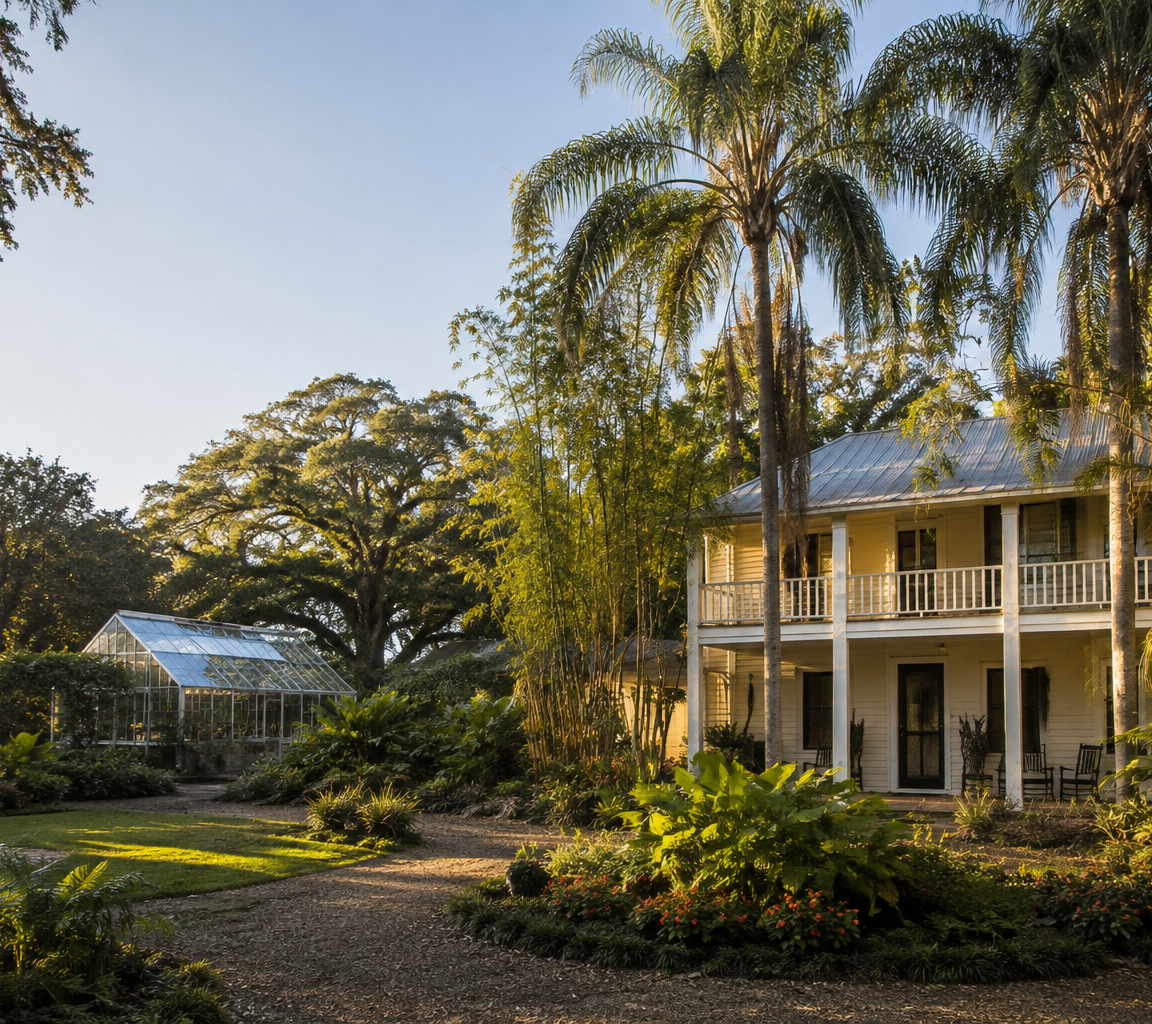 Two-storey house with wraparound verandas beside a small glasshouse, framed by oaks and palms