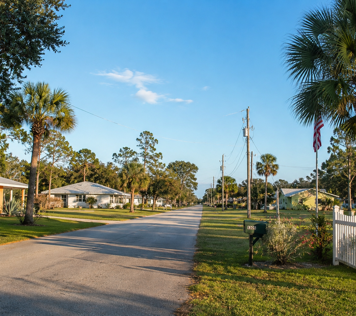 Quiet residential lane at golden hour, with one-storey houses, palms and a white picket fence