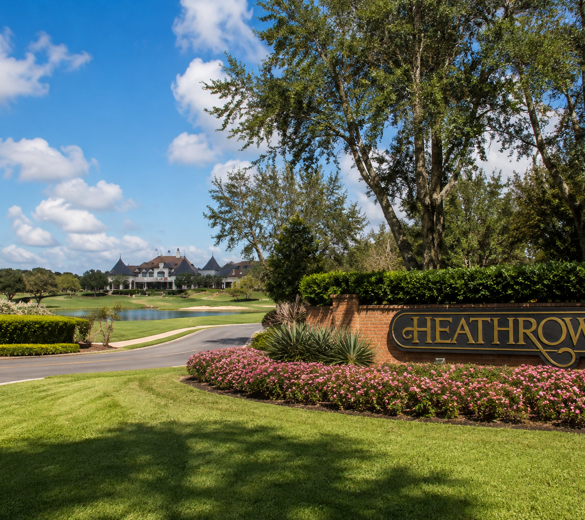 Landscaped entrance island with a carved stone monument, flowering beds and a curving approach road