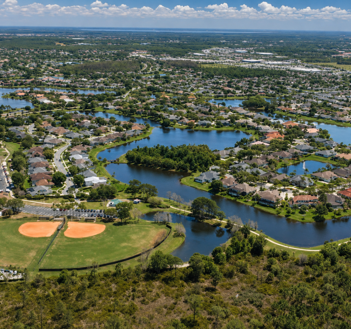 Aerial view of a residential district threaded with water, with a baseball diamond and tennis courts among the rooftops