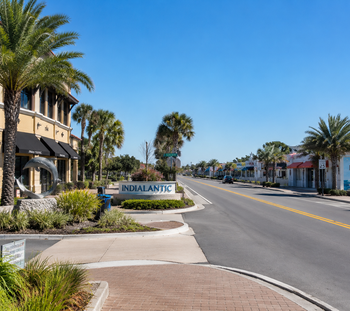 Divided coastal high street with palms, a low monument sign and a painted wave mural on a corner building