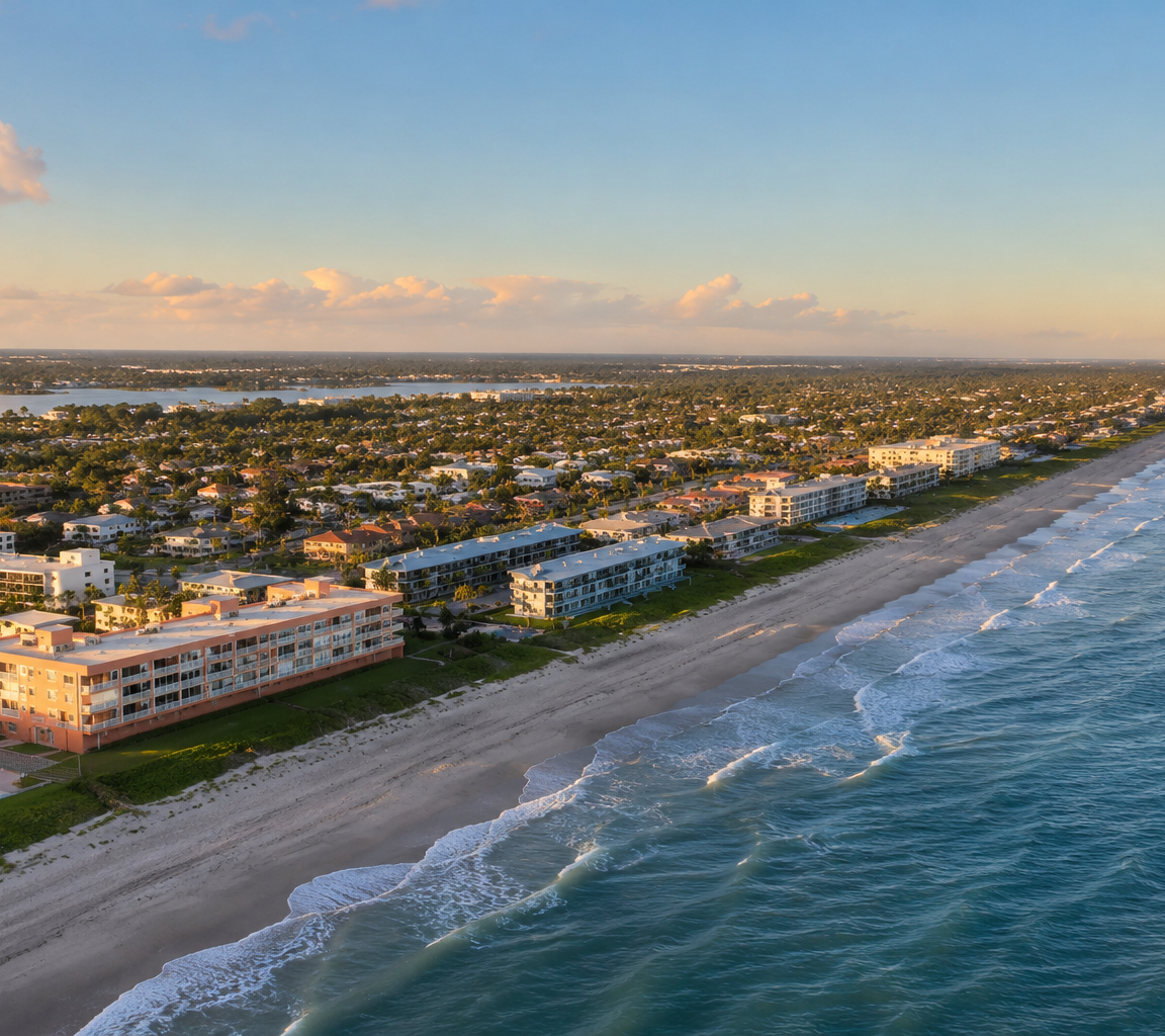 Aerial view along a barrier island shoreline, with low-rise condominium buildings and a lagoon behind the dune line