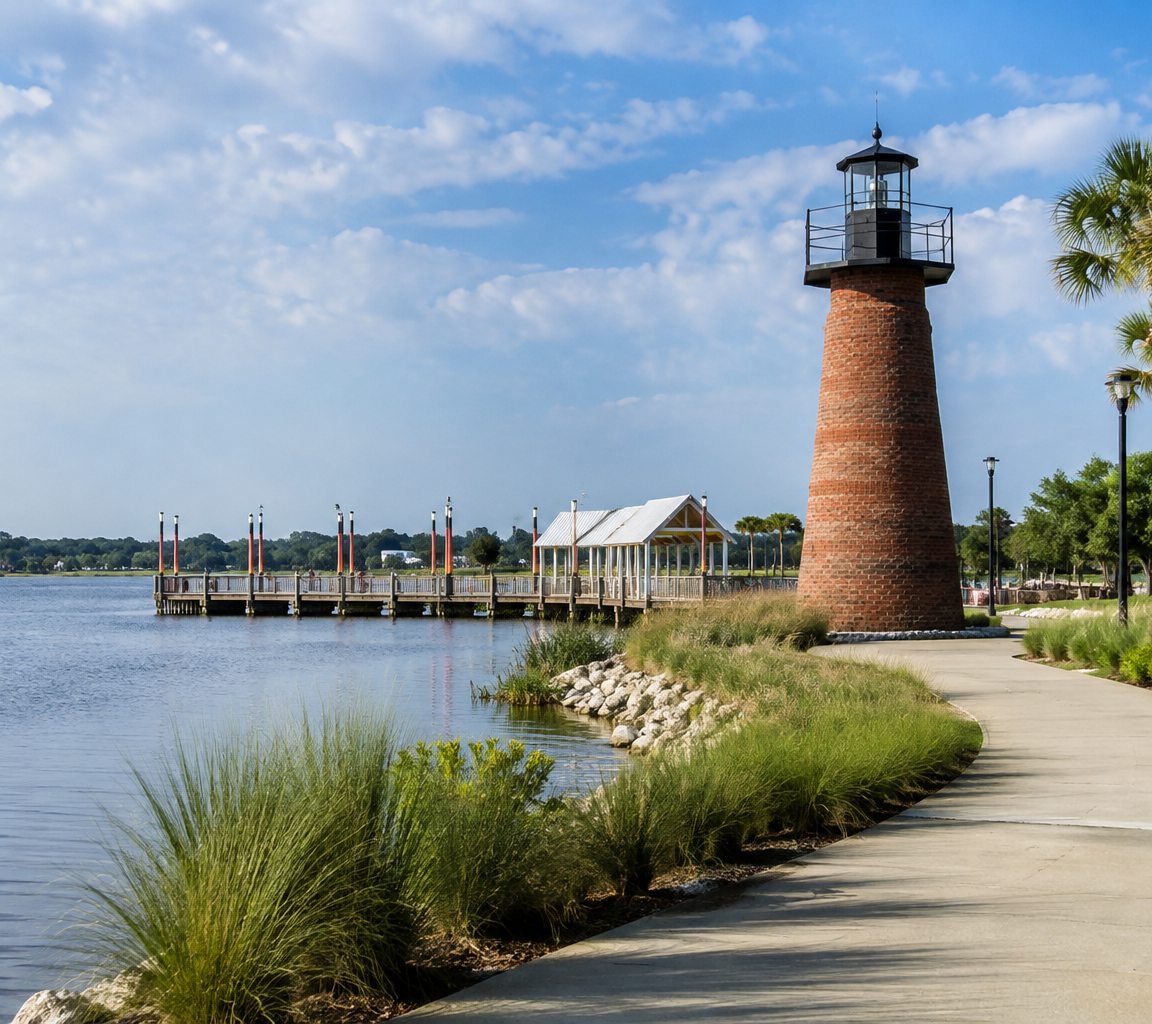 Brick lighthouse tower at the end of a waterfront path, with a covered pier and palms nearby