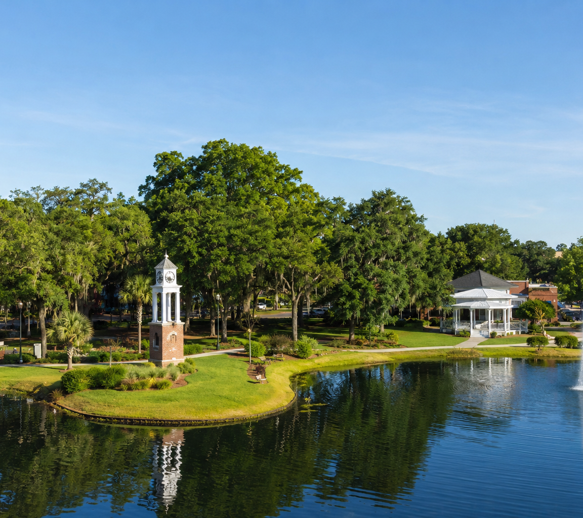 Landscaped pond with a fountain jet, a white gazebo and a brick clock tower among shade trees
