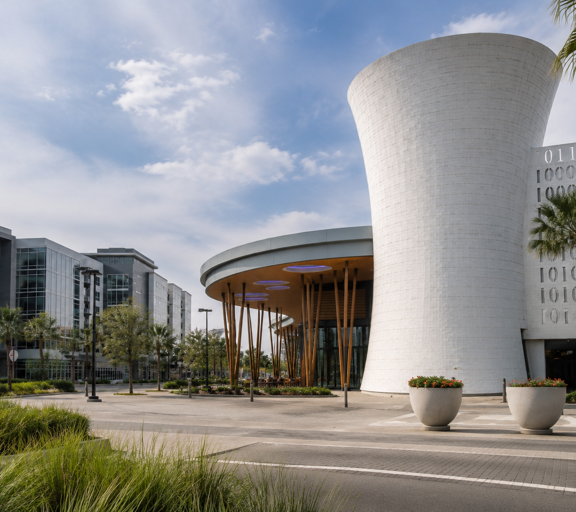 Contemporary white campus building with a curved tower and a patterned facade, beside a landscaped forecourt