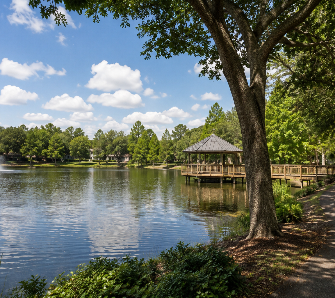 Water with a fountain jet and a shaded gazebo on the far bank, framed by a large overhanging oak