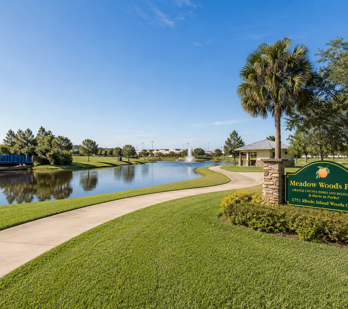 Footpath beside a landscaped pond, with a low stone-framed sign and palms behind