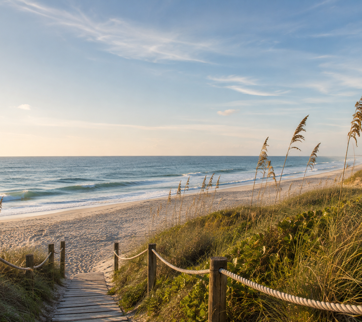 Timber dune walkover with rope handrails leading through sea oats to an open beach