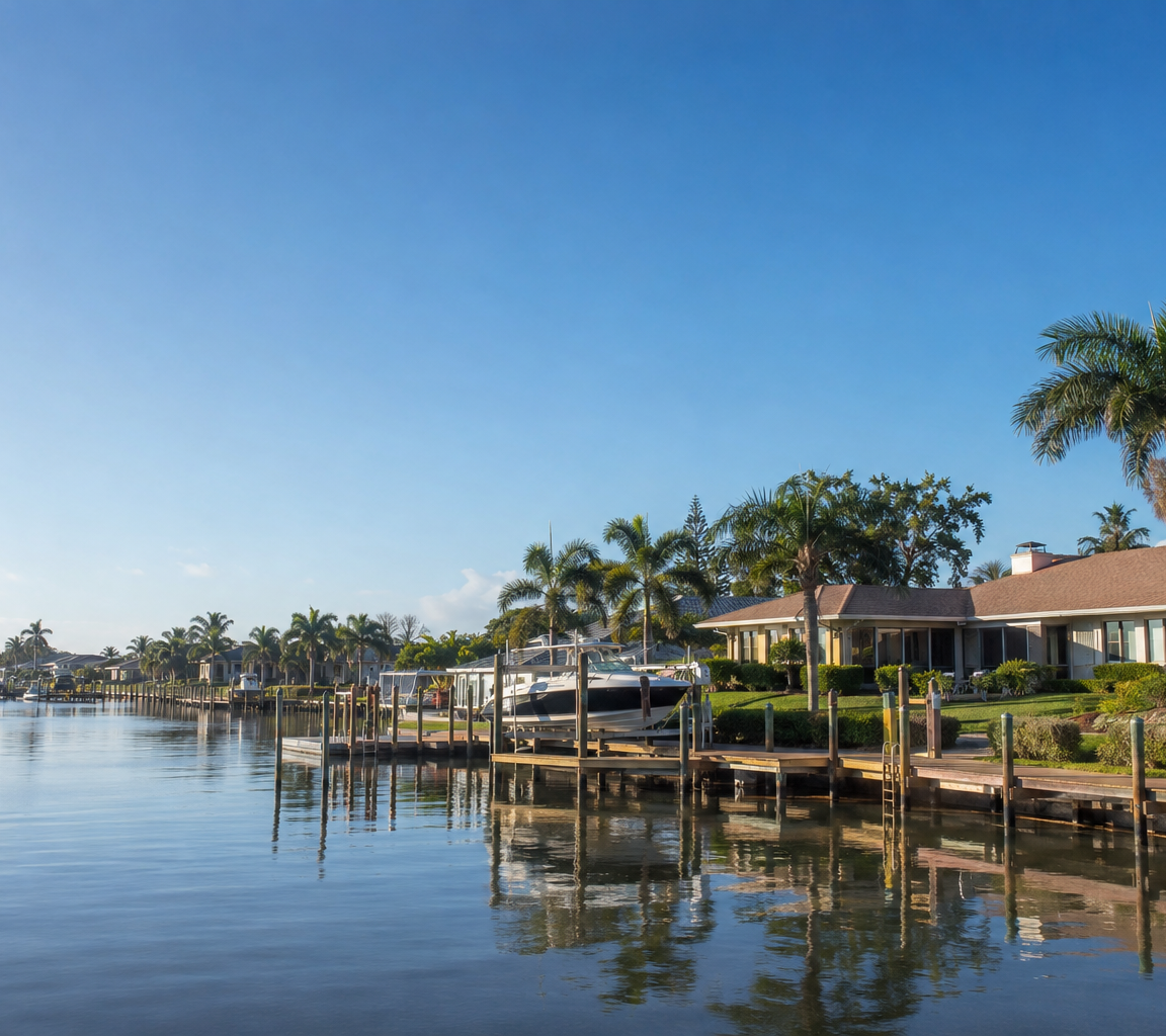 Calm waterway lined with private docks and boat lifts, with one-storey waterfront homes and palms