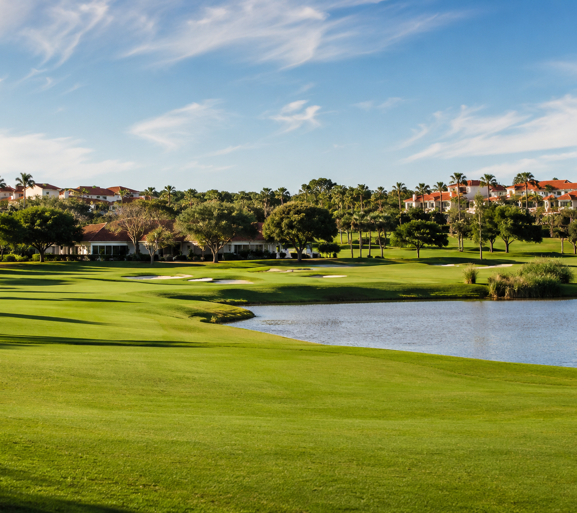 Manicured golf fairway and bunkers beside water, with tile-roofed buildings along the tree line