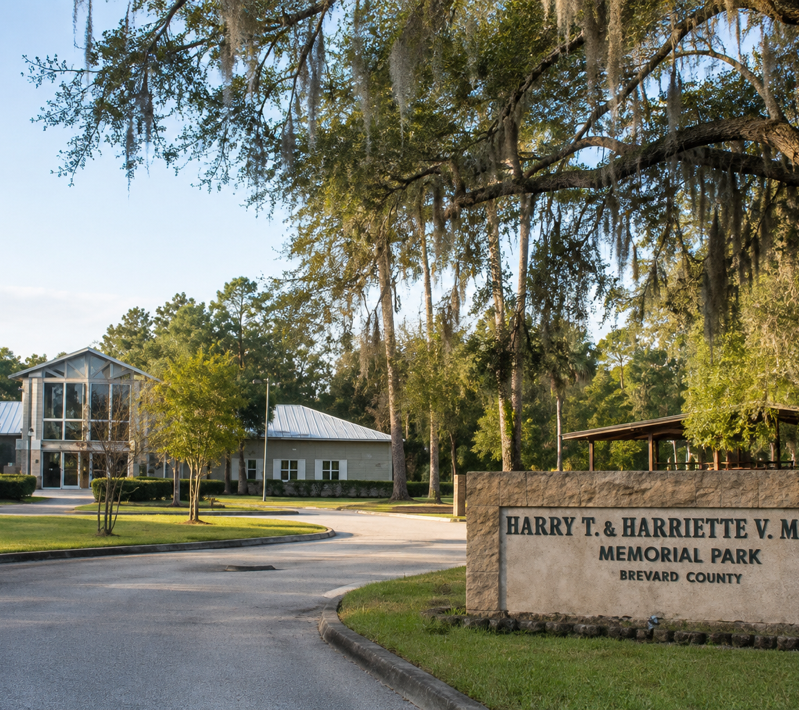 Park entrance drive with a stone monument marker, a pavilion and a low civic building under moss-draped oaks