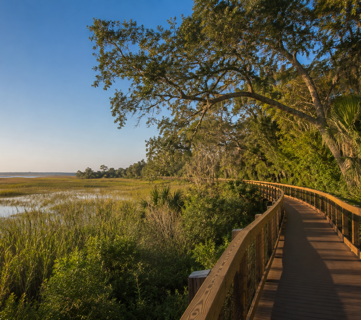 Timber boardwalk running out over marsh grass, shaded by a broad oak canopy at golden hour