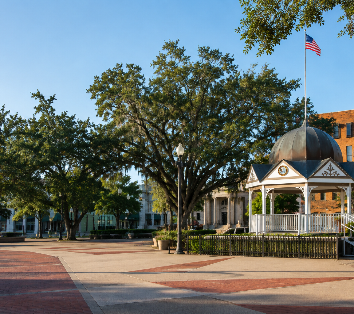 Brick town square with a white bandstand, street lamps and a flagpole before a historic brick building