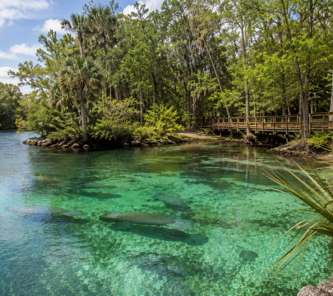 Clear turquoise spring basin over a pale rock bed, ringed by dense subtropical woodland
