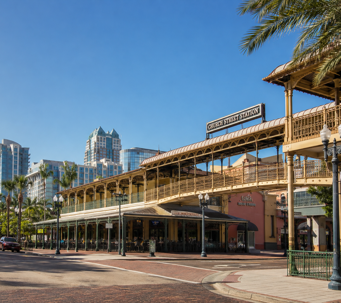 Street corner with a two-storey timber-galleried market building and high-rise towers rising behind