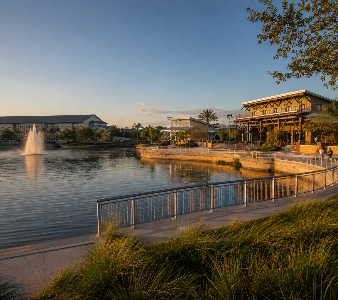 Pond with a fountain jet beside a railed boardwalk, with a timber pavilion and grasses along the edge