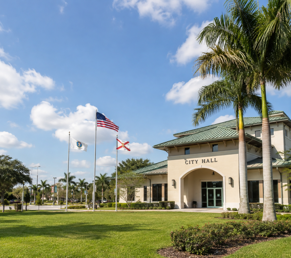 Civic building with a green metal roof and portico, flagpoles and palms on open lawn