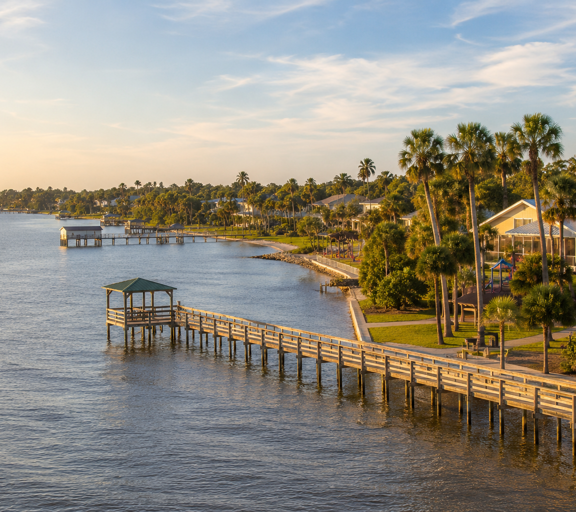 Long timber pier with a covered gazebo extending over calm water, with waterfront homes and palms along the shore