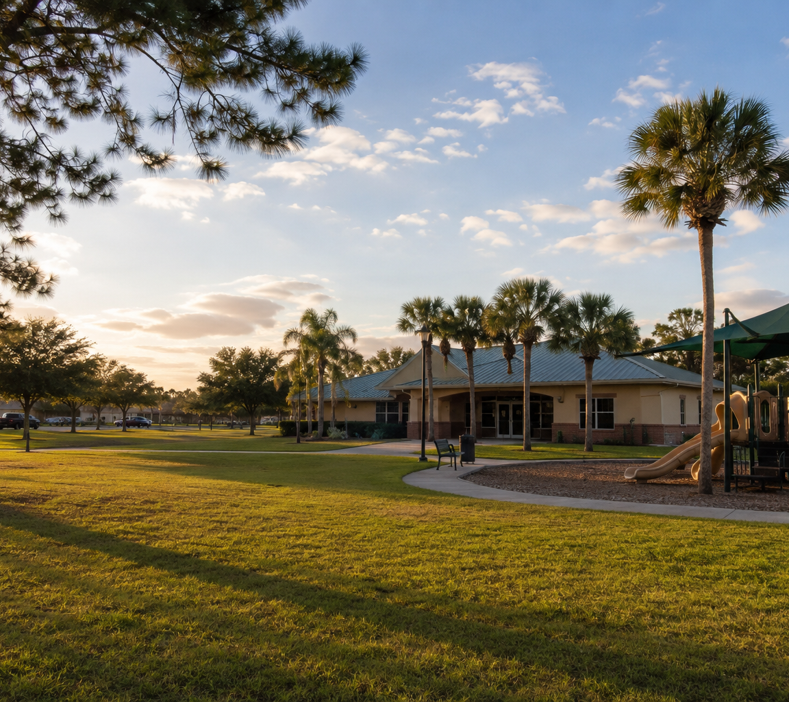 Community park at sunset with open lawn, pines and palms, a low community building and a shaded playground
