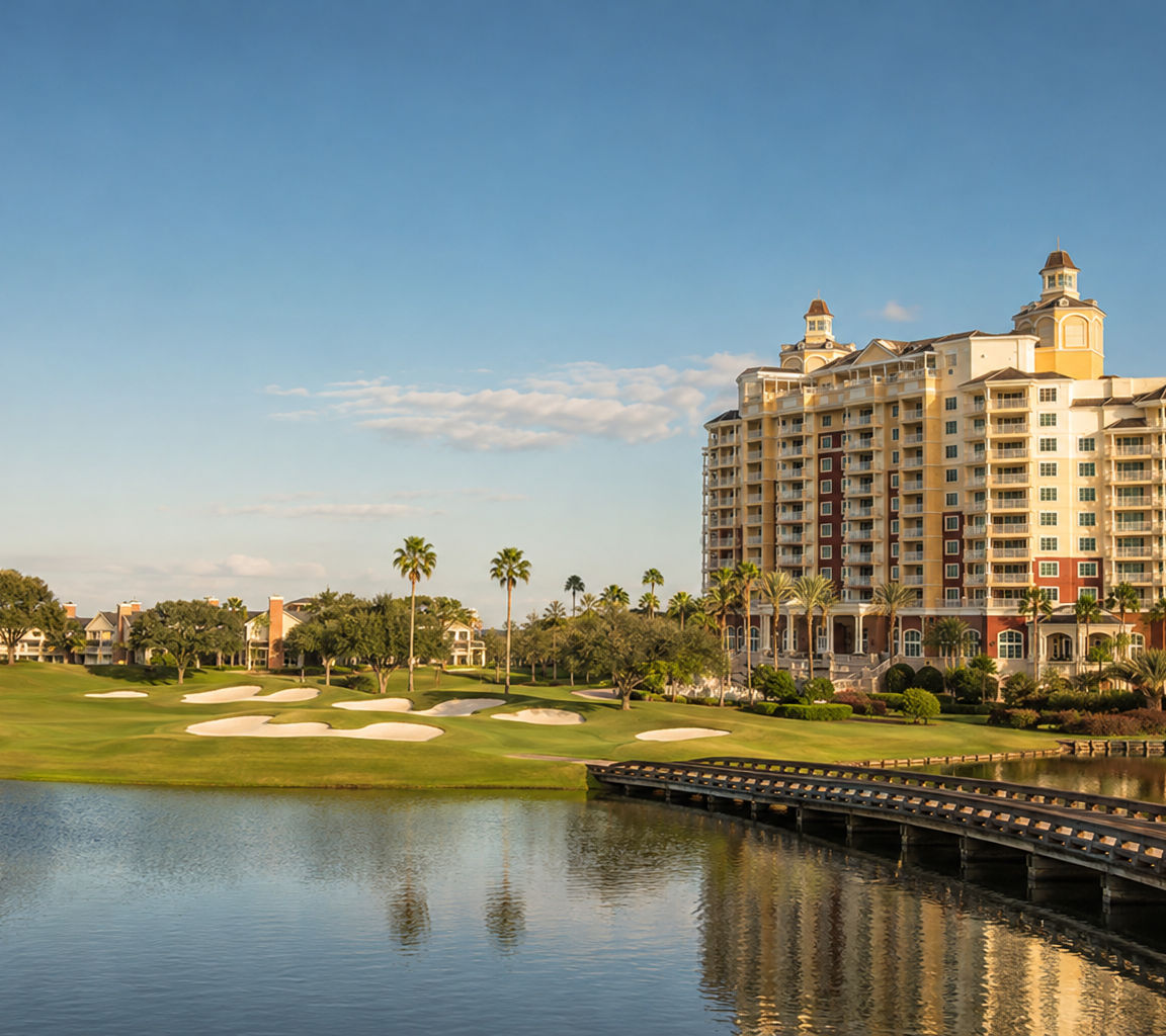 Golf course with bunkers and water in front of a large tile-roofed tower building